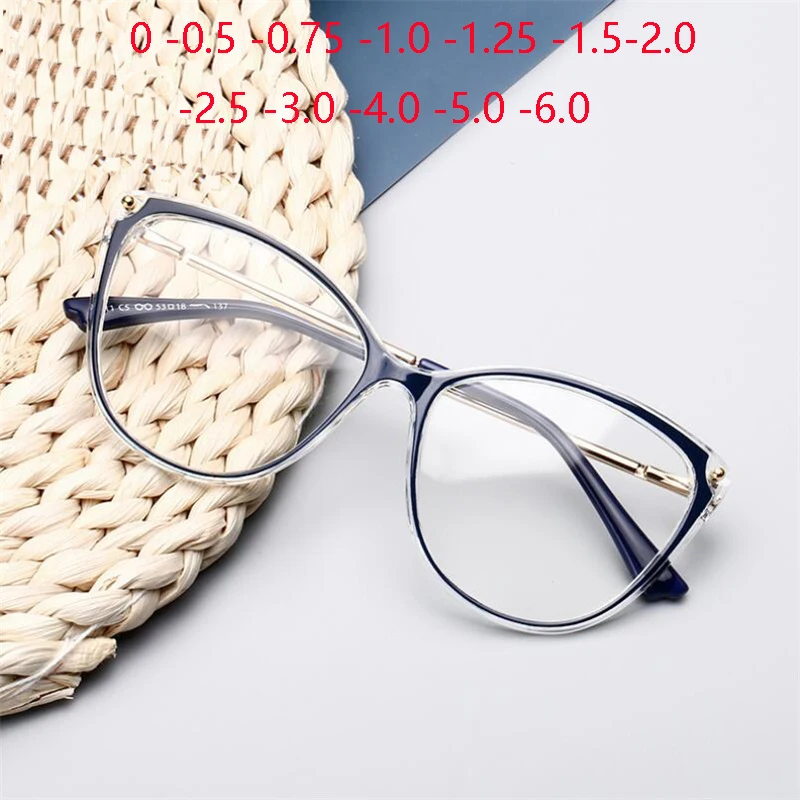 0 -0,5 -0,75 až -6.0 Anti Blue Rays Myopia Lopy Glasses Dokončené ženy Cat Eye Short -Sight Ouwear Okulary Korekcyjne
