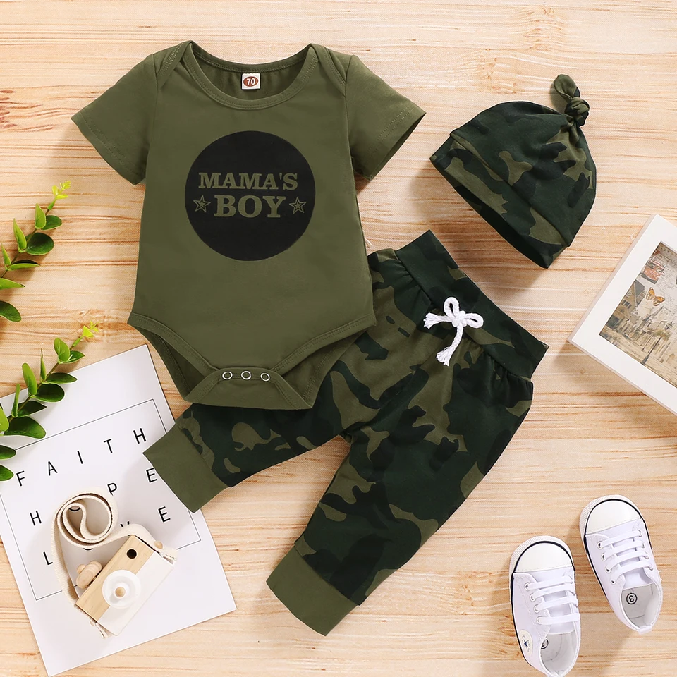 0-18 mesiacov novorodenecký chlapík oblečenie set lista tlač s krátkym rukávom BodySuit+maskovacie nohavice+klobúk 3pcs batoľa chlapec letné oblečenie