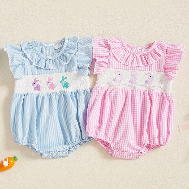 0-18M Dievčatko Veľkonočné Romper s krátkym rukávom Rufve golier bunny vyšívanie Smocked BodySuit Novorodenecký outfit