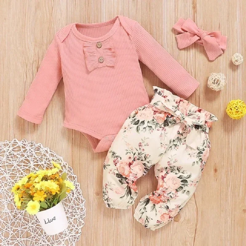 0-18M Dievčatá oblečenie Set batoľa pletené Romper Spring Autumn Dojčiatko Novorodenec Cute Ruffe s dlhým rukávom nohavice čelenka detské oblečenie