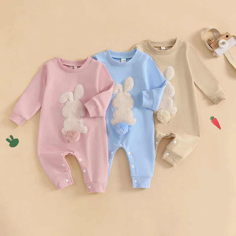 0-18M Veľkonočné chlapčeka dievčatko outfit vyšíva Bunny Bunny Bunny Tail Sucksuit Unisex Novonarodené dojčenské veľkonočné oblečenie