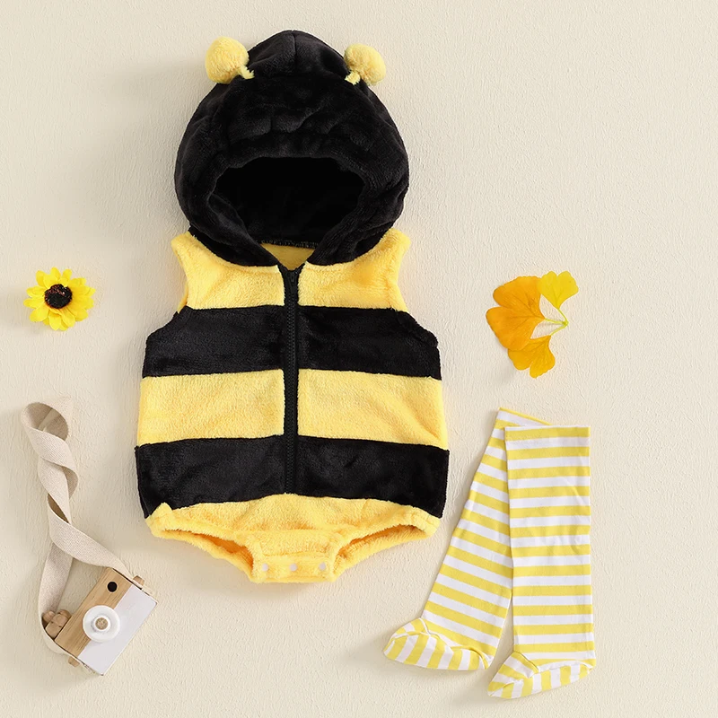0-24 mesiacov detská včela kostým bez rukávov s kapucňou Romper dlhé ponožky sada detských chlapcov a dievčat Bumble Bee Halloween Cosplay Bodysuit
