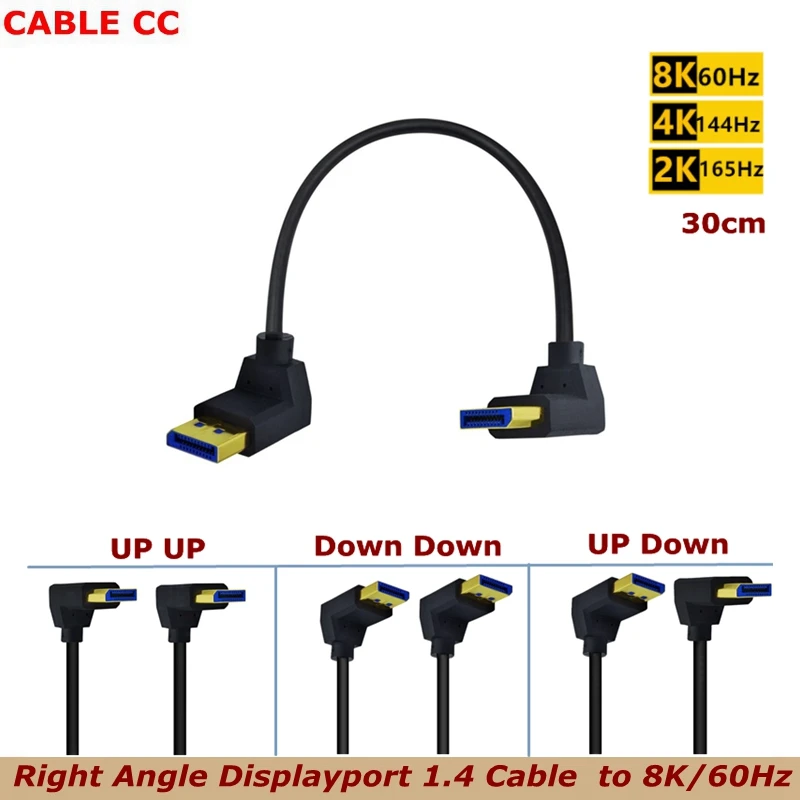 0,3 m 90 ° naklonené dole dole DisplayPort 1,4 kábel 8K@60 Hz DP Ultra HD Video adaptéry pre televízory, LCD monitory a projektory