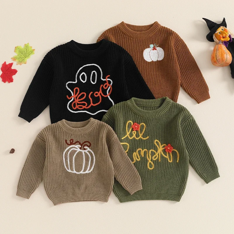 0-36m detské halloweenske pletené sveter Pumpkin Ghost vyšívací pulóver pre batoľatá s teplým pletením s dlhým rukávom pre chlapcov
