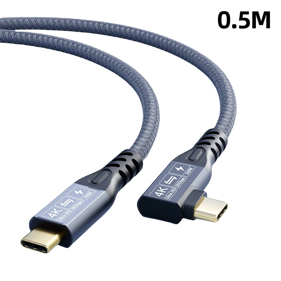 0,5/1/2/3M PD3.1 240W Typ C až C Nabíjací kábel 20 Gbps Pravý uhol rýchleho nabíjačky typu C kábel spletený mužom pre muža pre MacBook PC
