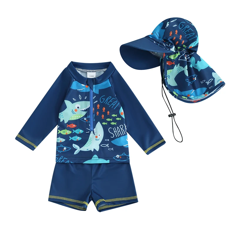 0-5years Boy 3ks plavky Fish Ryby Tlač s dlhým rukávom Zips Up Rash Outnka plavky pre chlapcov