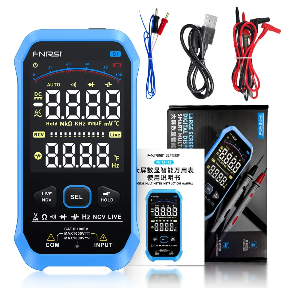 004 FNIRSI S1 inteligentný digitálny multimeter 9999COUNTS AC DC napätie odporu kapacita diódy NCV HZ Live Wire Color Display Test Test