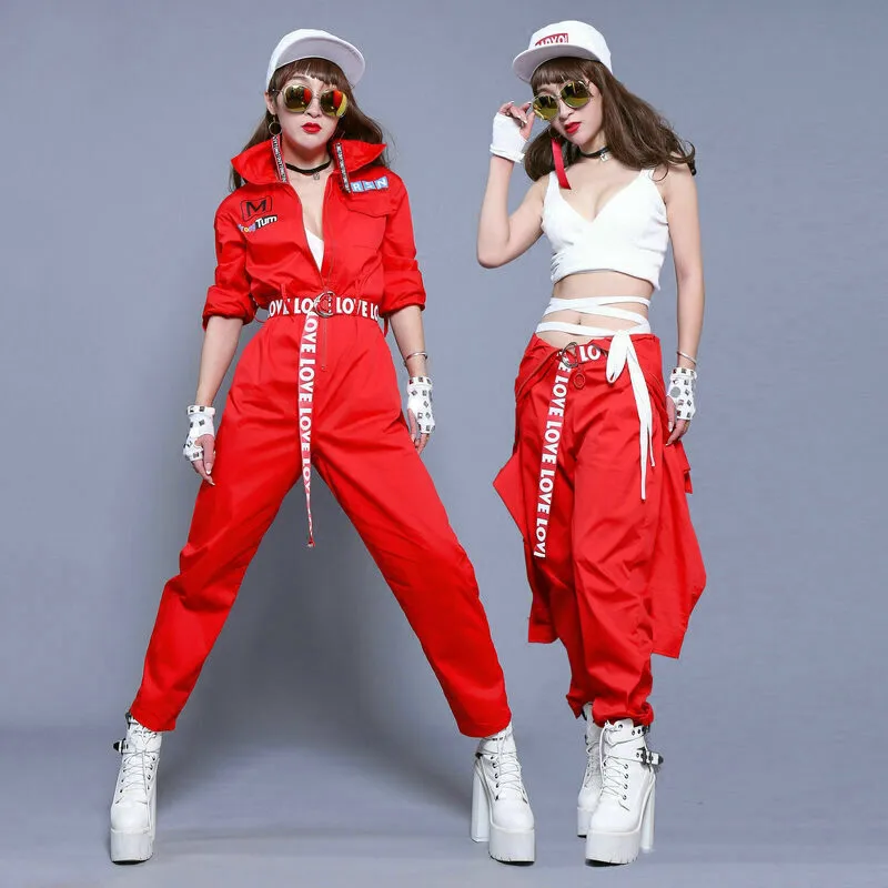 #0102 Scénické kostýmy pre speváčky Ženy Dance Night Club Costume Hip Hop Isex Unisex s pásom červená kombinéza s dlhým rukávom Loose