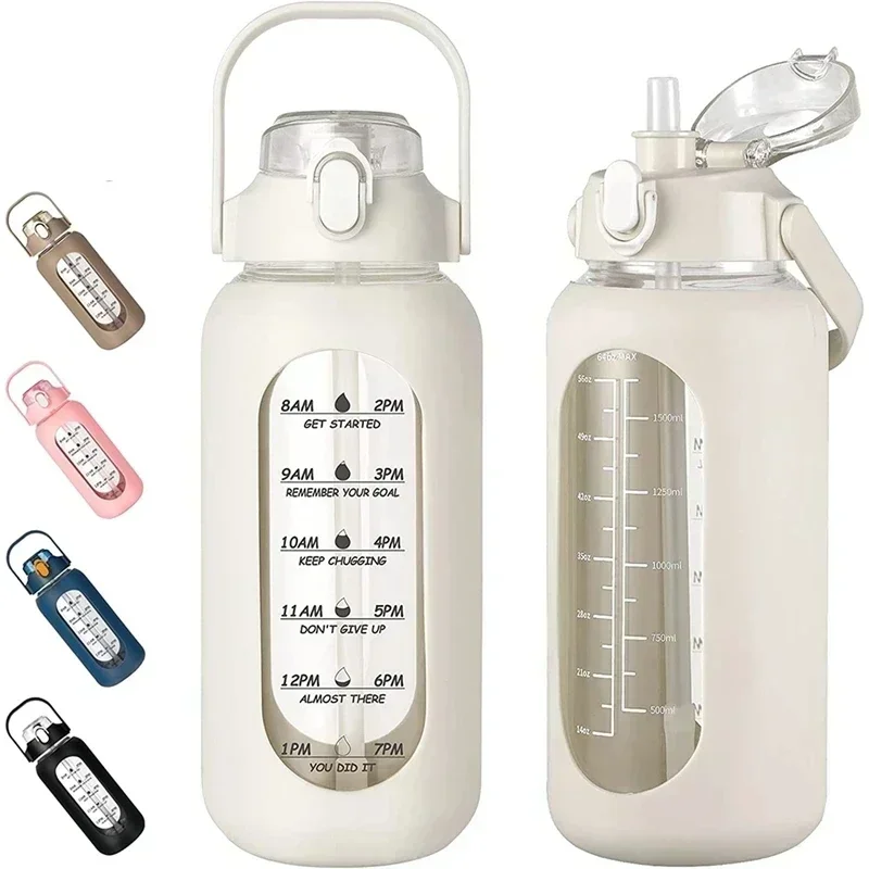 1 000 ml sklenené fľaše s vodou so slamou, sklenenú fľašu so silikónovým rukávom a časovou značkou, pre domácu kanceláriu kempingu v telocvični
