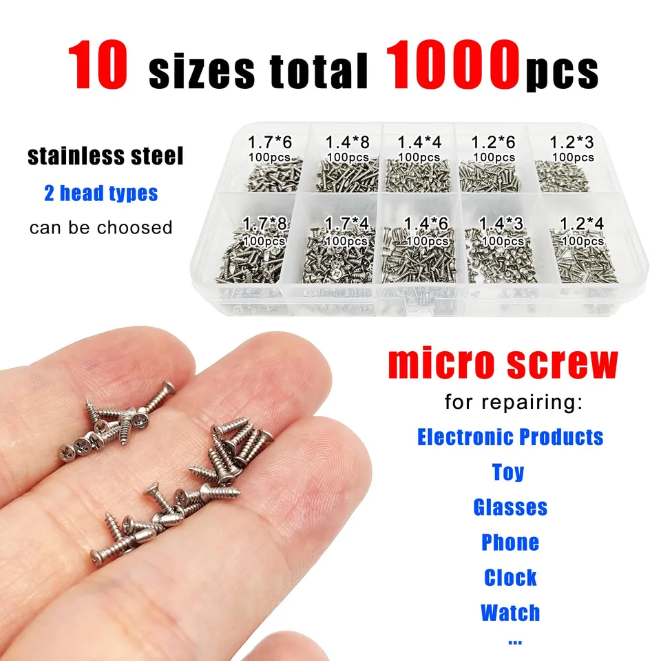 1 000 pcs Mini Micro Small Tapping Wood Scit Súprava pre hračky Elektronické výrobky okuliare Telefón M1.2 M1.4 M1.7 Nerezová oceľ