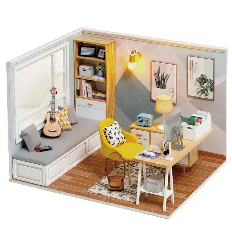 1:12 DIY Drevené domy pre bábiky Miniatúrne stavebné súpravy s nábytkom Light Sunshine Študijná miestnosť Casa Dollous pre dievčatá darčeky