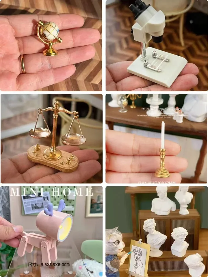 1:12 Doll House Miniature Globe Mini Luster Lamp Sviečka Mini budík Telefón Hodnota