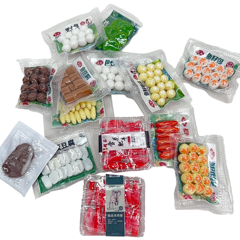 1:12 Dollhouse Miniatúrne horúce hrnce simulácia jedla Hot Pot Meatballs hovädzie loptička steak rybia guľa Ingrediencie kuchynské modelky