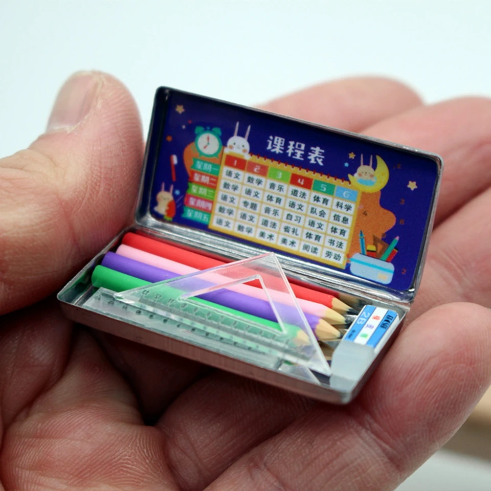 1/12 Dollhouse Miniatúrne jedlo Play ceruzka Cencil Color Cencil Case Veľké malé kombinované školy Školské zásoby príslušenstva Hračky