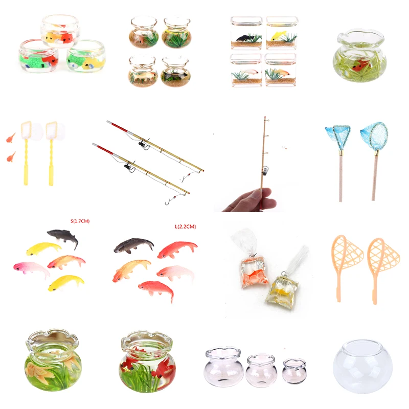 1:12 Dollhouse Miniatúrny kovový rybársky prút Model Doll Life Scene Dekorácie Dollous Fish Tank Goldfish pre bábiky Príslušenstvo