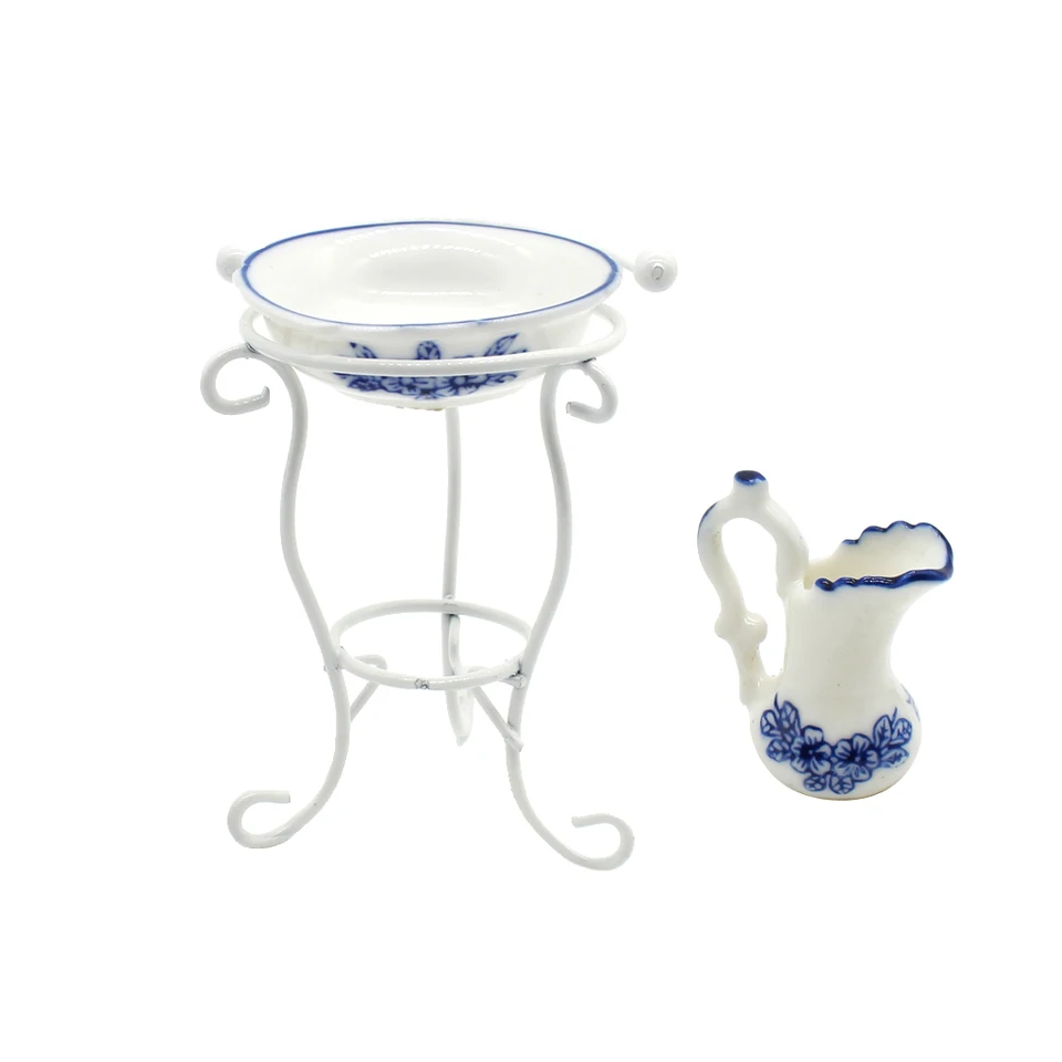 1:12 Mierka Dollhouse Accessories Mini Ceramic Water Pot Washbasin s stojanom