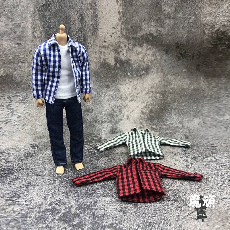 1/12 Mužský solider Classic Plaid Shirt s pevným nastavením všestranné džínsy s krátkym rukávom pre 6 palcov