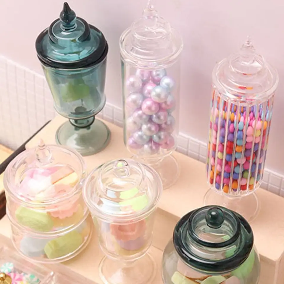 1/12 v mierke Dollhouse Candy Jar Doll Adsessory Food Hray Miniatúrna cukrová skrinka Kuchynské úpravy Transparentné sklo