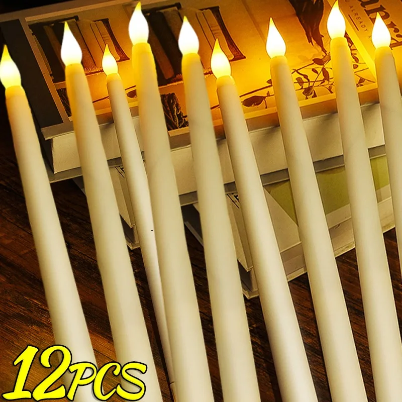 1/12ks LED LED bez plamenných elektronických sviečok dlhá sviečka bezplatnená ľahká batéria napájaná blikajúca sviečka lampa na večeru