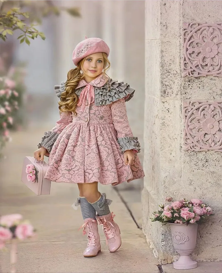1-12y Dievčatko Zimná ružová čipka Vintage Palace Španielska turecká princezná vlnená kabát Cape na narodeniny Eid Photography