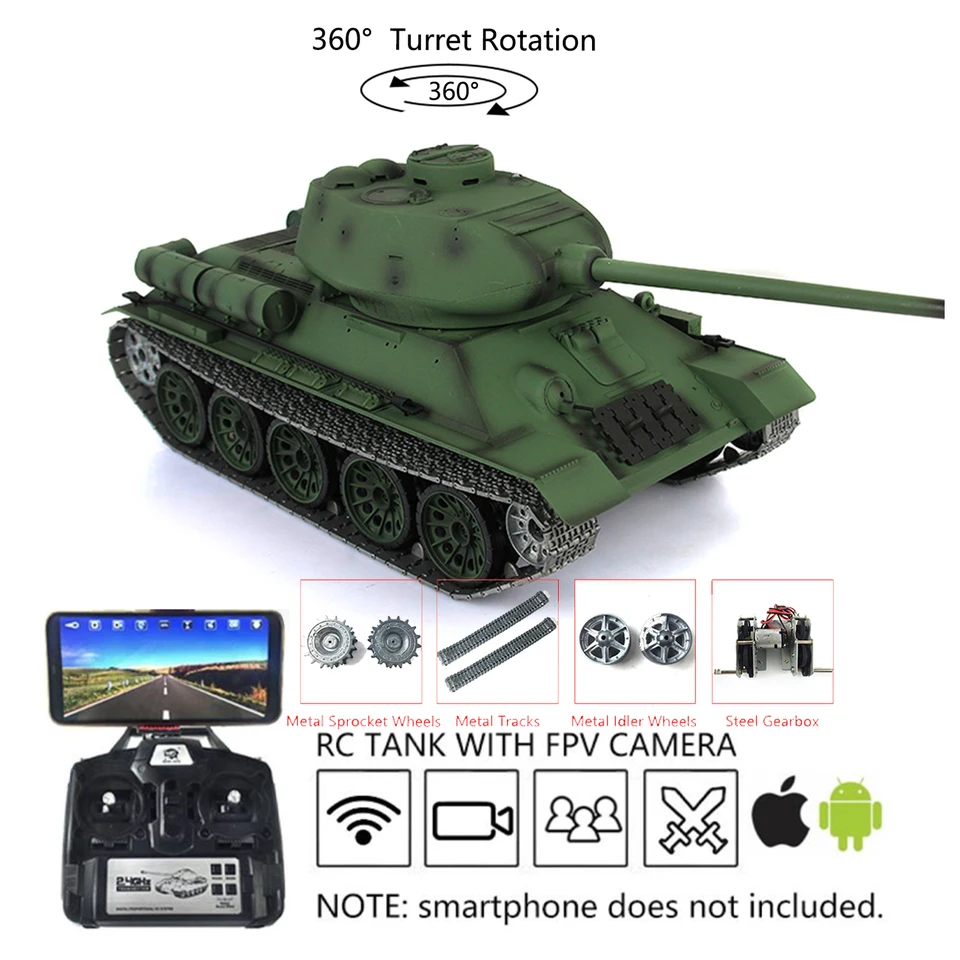 1/16 Heng Long 7,0 Upgradovaný kovový soviet soviet T34-85 FPV RC Tank 3909 360 ° Trasy veže kolesá prevodovky prevodovky prevodovky TH17769