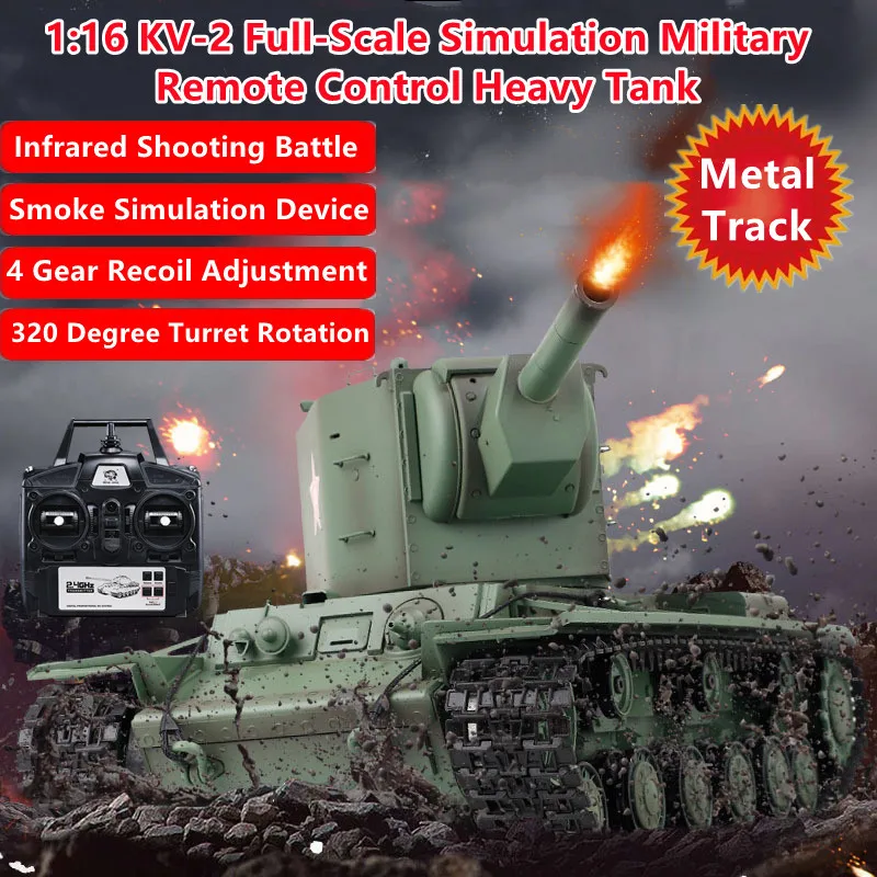 1:16 KV-2 Simulácia Vojenské diaľkové ovládanie ťažkého tanku Dymové zariadenie Infračervená bitka 320 ° Rotácia veže kovová stopa RC Boy Toy Toy