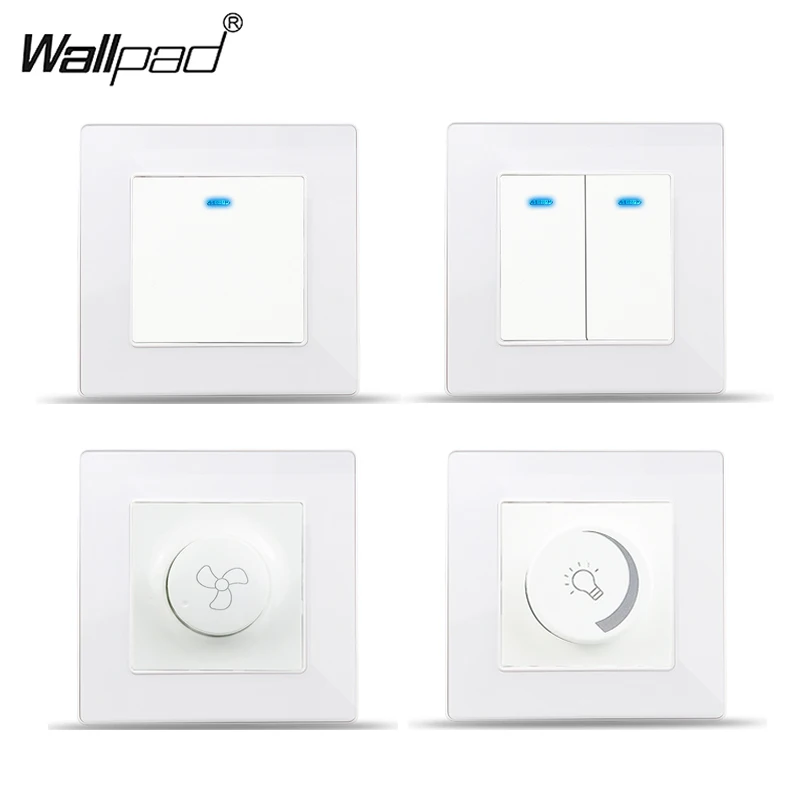 1 2 3 spínač gangov EU s indikátorom LED Wallpad White Acrylove sklenený rám stredný reset na vypnutí vypínača svetla ventilátora