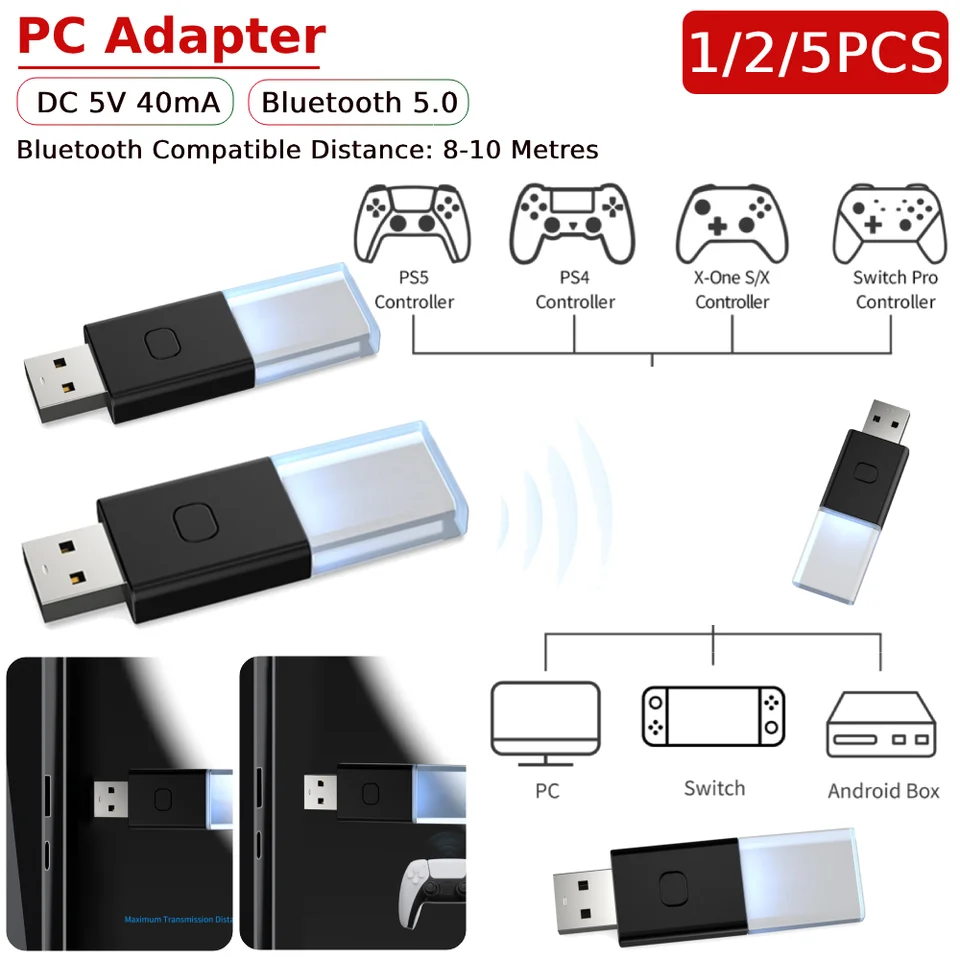 1/2/5ks bezdrôtový ovládač Adaptér Bluetooth kompatibilný USB prijímač pre prepínač Xbox pre prepínač/počítač PC/Android Box/P4/P5