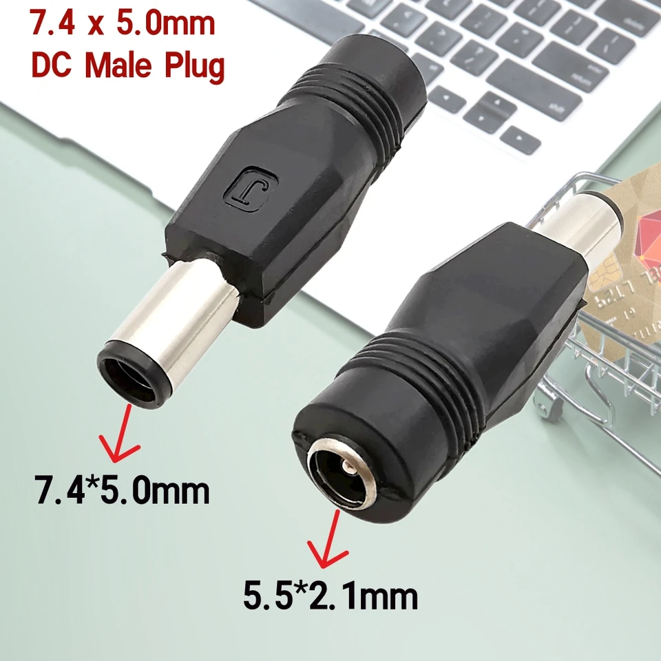 1/2/5ks DC Power HP NAPLATNÝ PLACK Plug Converter Adaptér DC 7,4 x 5,0 mm mužská zástrčka s kolíkom do 5,5x 2,1 mm ženský konektor jack
