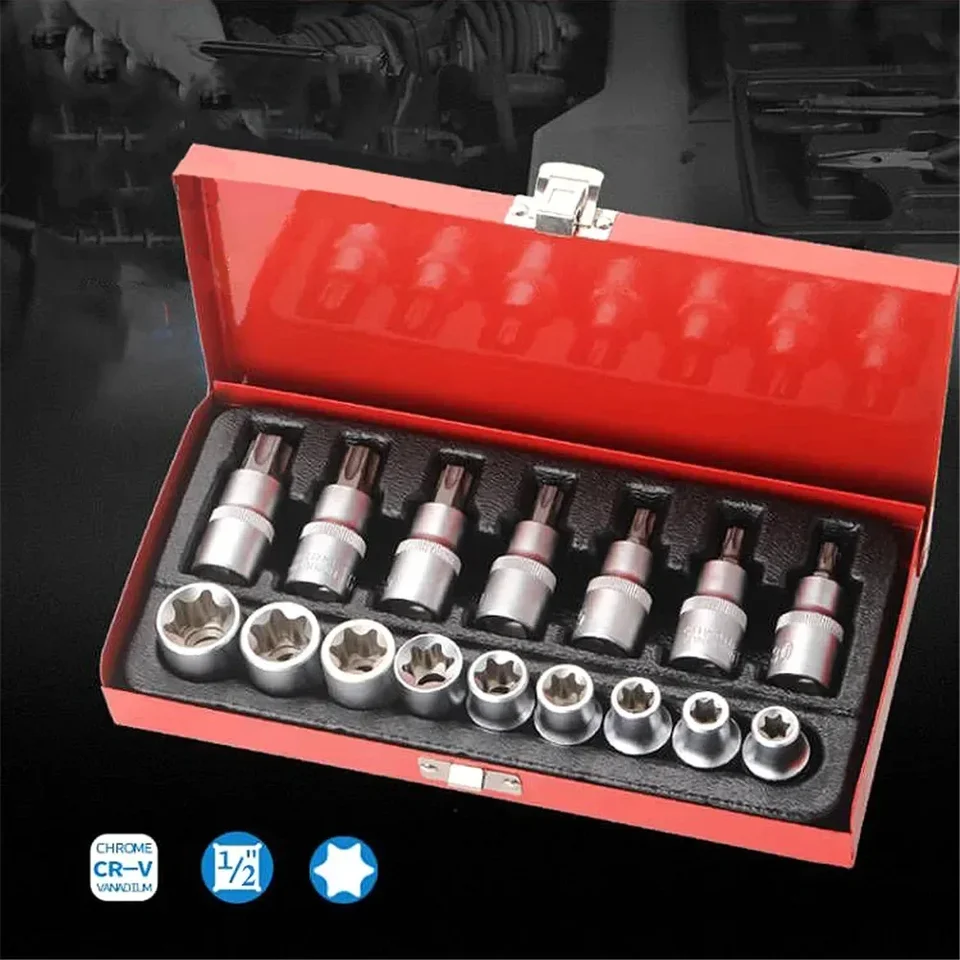 1/2-palcové náradie na opravu rúk jednotky E8BD Torx Bit Socket Set s puzdrom E10-E24 T30-T70 16 PCS Oceľová hviezda Set CR-V oceľ