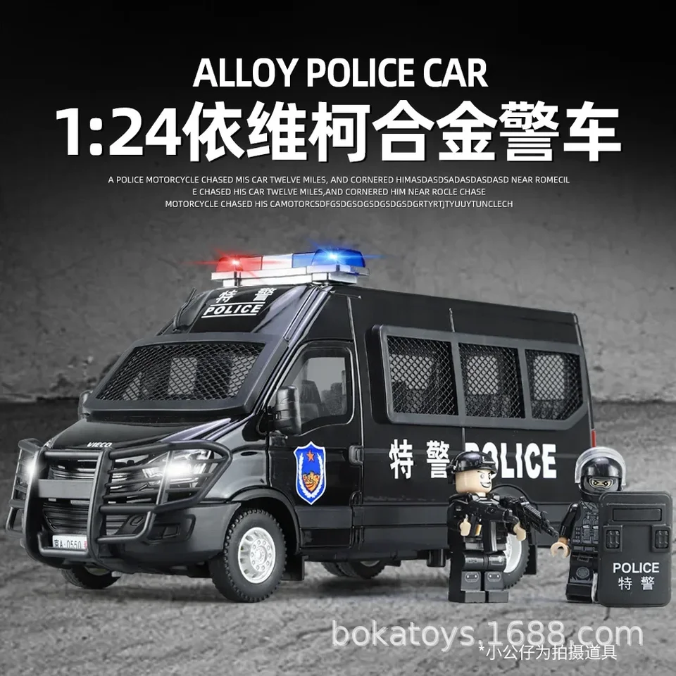 1: 24 IVECO Police Auto zliatiny Model auta Model Van Van-Resoof Auta Echo Sound and Light Toy Gift