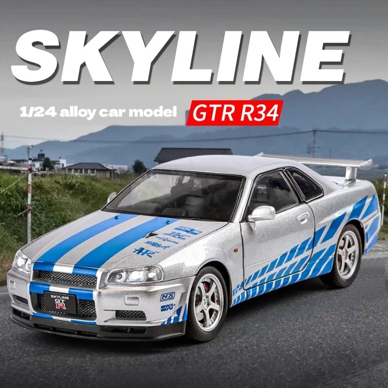 1:24 Nissan GTR R34 Skylin Fast & Furious zliatiny Model zvuku a svetlo Pull späť