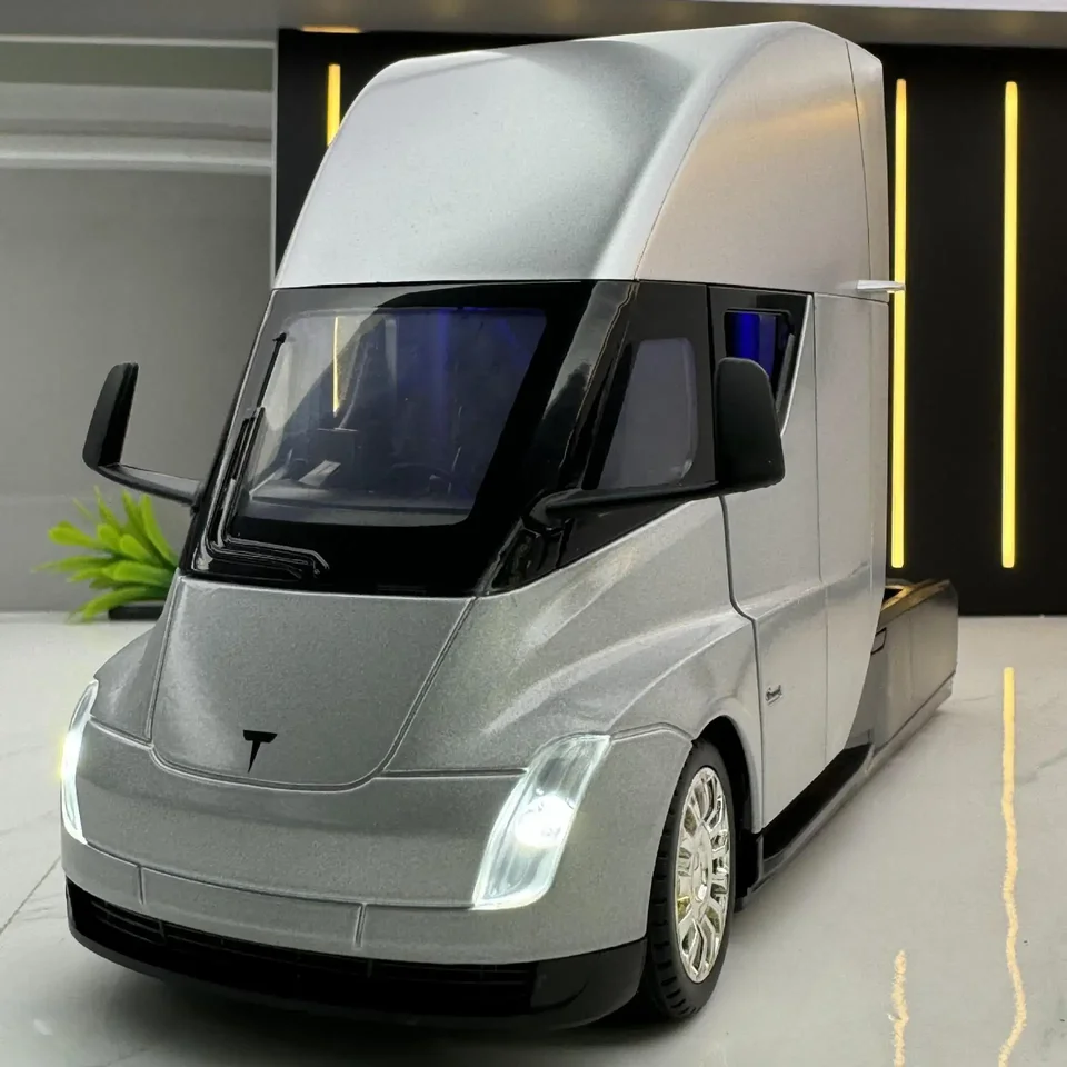 1:24 Teslas Semilay Semitrailer Hlava s nabíjaním post post post zvukového a ľahkého modelu kolekcia High Simulation Boys Hračky darček