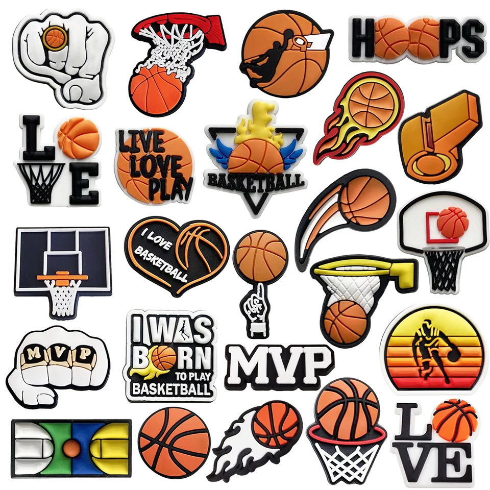 1-24ks I Love Basketball Star Fashion PVC Shoe Charms Fit Boys Girls Sports DIY Buckle upcha