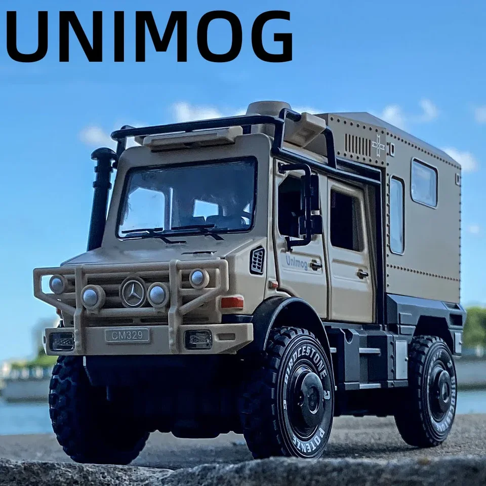 1:28 Benz Unimog Motorhóm zliatiny Diecasts Model automobilu Zvuk Light Pull späť v teréne RV Miniatúrne vozidlá Darčeky pre deti