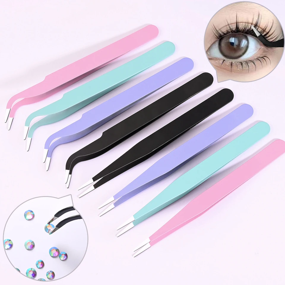 1/2ks kamienok s kamienkami na pinúry z nehrdzavejúcej ocele Rovná zakrivená makarónová pinzety pre nálepku na nálepku na nechty make -up DIY