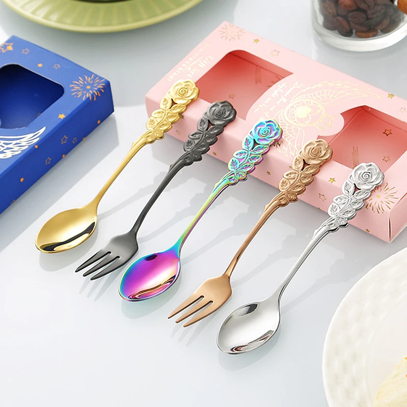 1/2ks z nehrdzavejúcej ocele ružová rukavica šalát Spoon Foon Fork Dezert Forks Mini Fork Set Snack Cake Salad Cuantery Cuodlery Forks