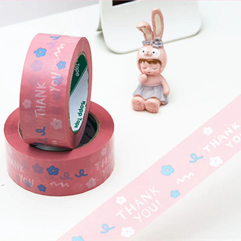 1 3,5 cm*100m ružová kvetina ďakujem páska, ďakujem za karikatúru tesniaci lepidla, samolepiaci darčekový taška na balenie kartónovej pásky