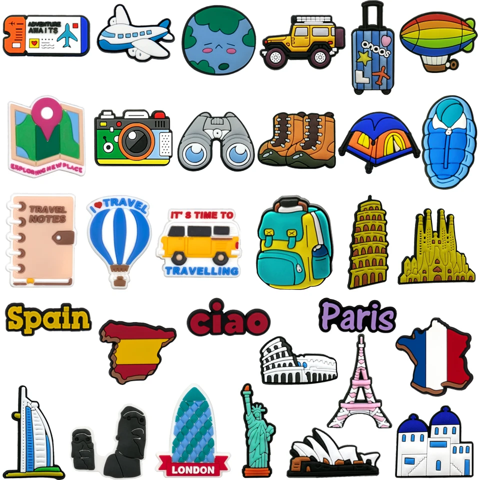 1/30ks svetové cestovné kúzla obuvi pre ženy Men muž Kids Španielsko Francúzsko USA Príležitostné dovolenkové topánky Doplnky Sun Beach Pins