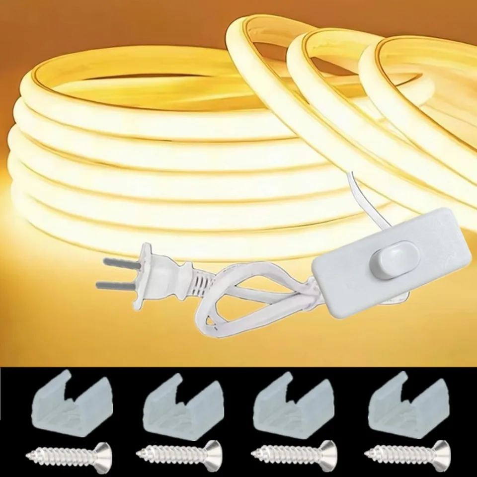 1-30M 220V COB LED lampa prúžk 288LEDS/M RA90 Outdoor IP65 Vodotesný spínač/stlmenie napájania EU Plug FOB LED páska Spálňa osvetlenie spálne