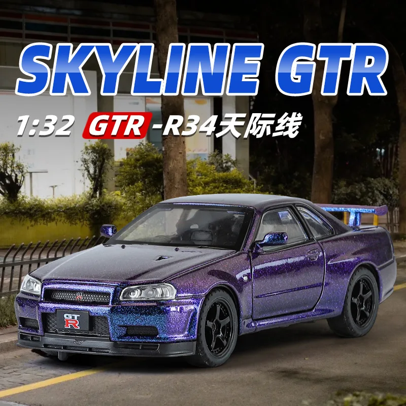 1:32 Nissan Skyline GTR-R34 Zliatina kovov Diecast Sport Racing Model Model simulácia Model zvuk a ľahké deti Gift