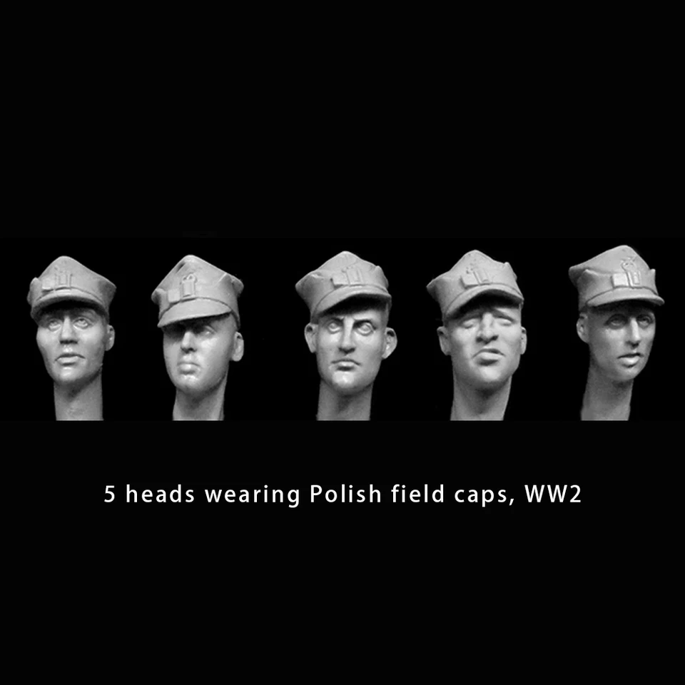 1/35 5 hlavy, ktoré majú na sebe poľské poľné čiapky, druhá svetová vojaka, vojak modelu živicového modelu, vojenské témy, nezasiahnutá a nenatretá súprava