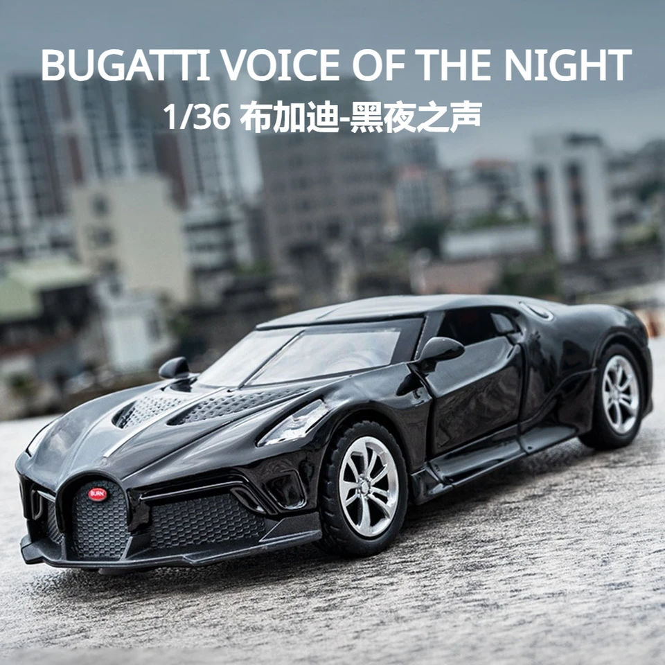 1:36 Bugatti Voice of the Night Model Model kovového automobilu High Simulation Diecasts Hrage vozidlá Zvuk ľahké zbierka zbierka Kids narodeninové darčeky