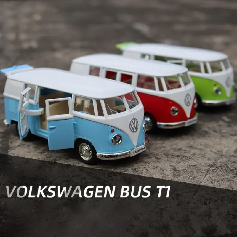1:36 Volkswagen Vw T1 Bus hračkársky model zliatiny zliatiny Diecast s ťahovými dverami otvorený Van Models Najlepšie darčeky pre chlapcov pre deti hračky