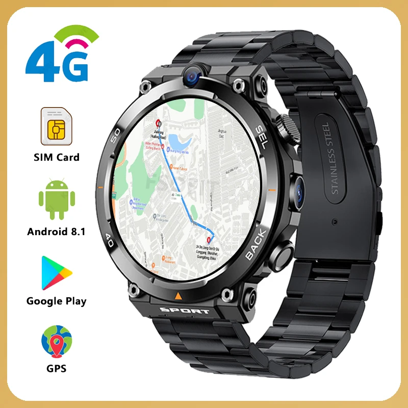 1,39-palcový systém Android Smart Watch Dual Cameas 4G Network SIM karta odomknite GPS WiFi NFC Call SmartWatch Support Google Play Mapy