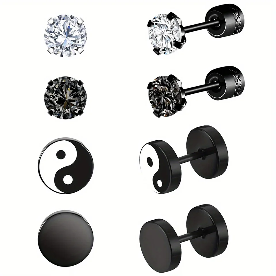 1/4 párov punk z nehrdzavejúcej ocele Round Cubic Zirconia Stud náušnice Tai Chi Barbell Ear Studs pre mužov Denne nosiť šperky