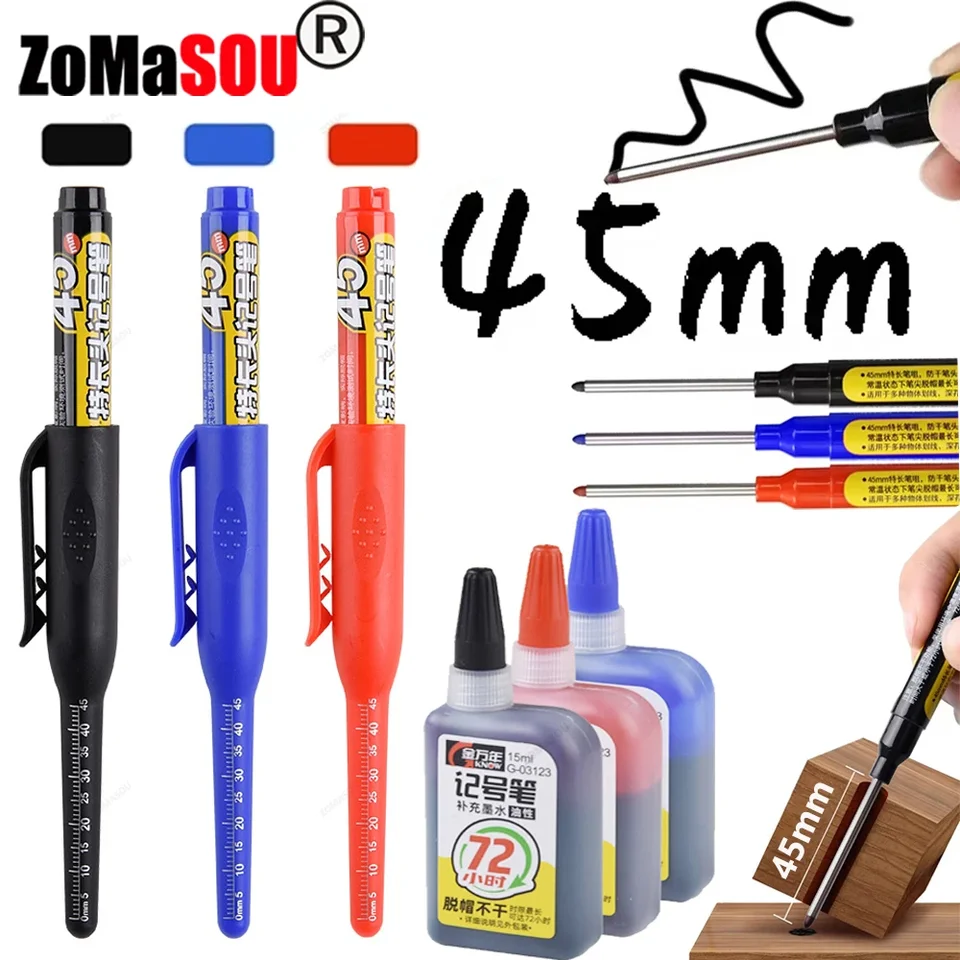 1-48ks 45 mm vodotesná dlhá hlava hrotu hlboké diery značky Pen Tile Carpenter Pen viacúčelové pre drevené čierne/modré/červené atrament