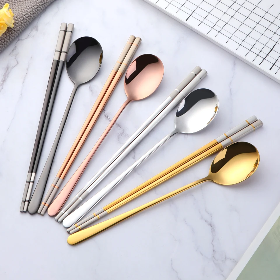 1/4sety Kórejské paličky Spoon Spoon Cominless Ocel Dospelý príbory sushi nesli šmykľavky s dlhým rukoväťou kotlety na tyčinky Spoon Kit Nástroje