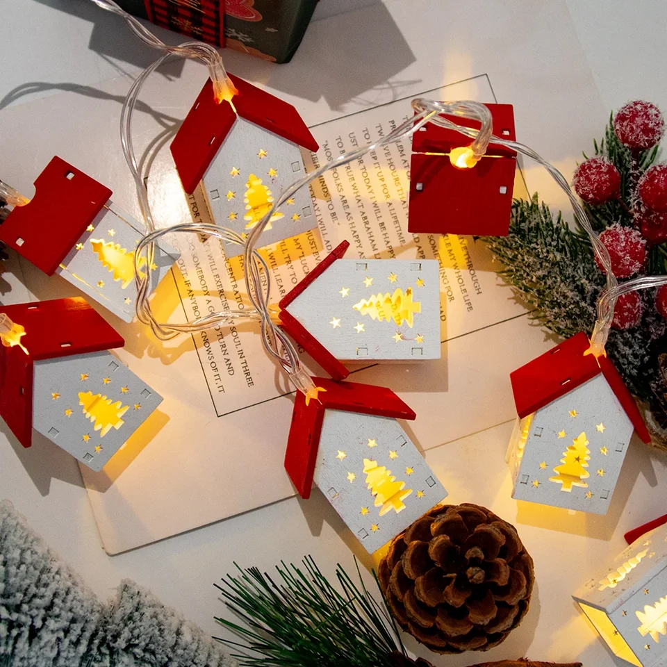 1,5 m 10led vianočný drevený dom LED reťazec Svetlo Vianoce Tree Závesné ozdoba vianočná dekorácia pre domáce darčeky Navidad 2024