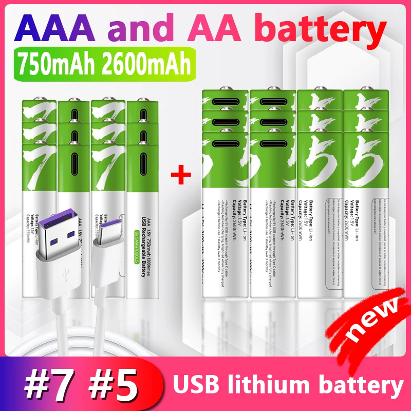 1,5 V AA a AAA Nabíjateľná batéria 2600 mAh batéria AA 750 mAh AAA Nabíjateľná batéria li-ion USB C AA Nabíjateľné batérie